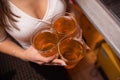 Closeup of Three Glasses of Beer Being Clinked. Royalty Free Stock Photo