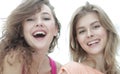 Closeup of three young people smiling on white background Royalty Free Stock Photo