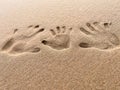 Closeup of three human handprints in beach sand