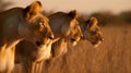 A closeup of three lionesses staring into a sunset