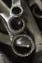 Closeup of three metal spanners