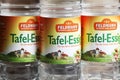 Closeup of three plastic bottle labels Feldmann table vinegar