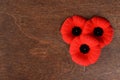 Closeup of three remembrance day poppies