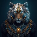 Fierce tiger up close in gold embellishments. Created using ai generative.