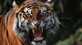 Closeup of a tigers exposed teeth as it snarls scenting the air and preparing to take down its prey in one swift move Royalty Free Stock Photo