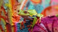 A closeup of a tiny frog perched on a spraypainted flower its bright green skin blending in with the colorful graffiti