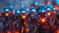 A closeup of a tiny highlydetailed mecha figure decorated with intricate circuitry and glowing blue eyes towering over a