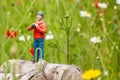 Closeup of tiny model birdwatcher with binoculars in the countryside