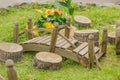 Closeup of tiny wooden bridge. Garden decoration