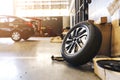 Closeup tire in car repair station