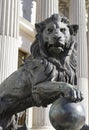 Closeup to a lion bronze sculpture at the deputy madrid congress building