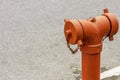 A closeup to a red fire hydrant water pipe near the road. Royalty Free Stock Photo