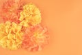 Closeup to some yellow and orange artificial flowers on plain background, there is space for text Royalty Free Stock Photo