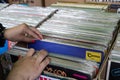 Closeup to a woman hands searching into a used vinyl box Royalty Free Stock Photo