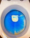 Closeup of toilet bowl seat with blue white environmantal harmful chemical chlorine aggressive cleaning detergent product