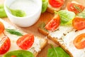 Closeup tomato and cheese bruschetta Royalty Free Stock Photo