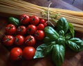 Closeup of tomatoes and pasta with vibrant greenery spears. Gree