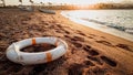 Closeup toned image of life saving ring lying on the sea baech sand. Beutiful sunset over the ocean Royalty Free Stock Photo