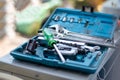Closeup of the tool consists of screws, spanners, nuts and others in the box of an electrician Royalty Free Stock Photo