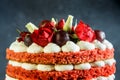 closeup top of beautiful cake with bizet, grapes and roses Royalty Free Stock Photo