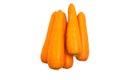 Closeup top view carrots stacked on white background.