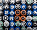 Closeup top view on rows of selection old batteries Royalty Free Stock Photo