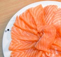 Closeup top view Slided Raw Salmon in white dish on wood blackground