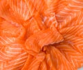 Closeup top view Slided Raw Salmon in white dish on wood blackground