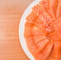 Closeup top view Slided Raw Salmon in white dish on wood blackground