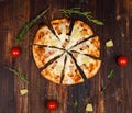 Closeup top view studio shot eight sliced oven baked tasty delicious Italian homemade ham pineapple traditional Hawaiian bread Royalty Free Stock Photo