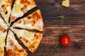 Closeup top view studio shot eight sliced oven baked tasty delicious Italian homemade ham pineapple traditional Hawaiian bread Royalty Free Stock Photo