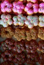 Closeup top view studio shot of various kinds of delicious tasty yummy baking donuts including strawberry chocolate white malt and