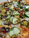 Closeup of topping of pizza, vegetarian pizza photography, food background
