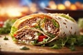 closeup tortilla wrap with meat salad and mayonnaise. ai generative Royalty Free Stock Photo