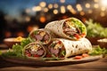 closeup tortilla wrap with meat salad and mayonnaise. ai generative Royalty Free Stock Photo