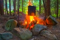 closeup touristic cauldron on a fire in the forest
