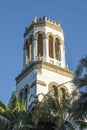 Closeup, Tower of Our Lady of Sorrows church, Santa Barbara, CA, USA Royalty Free Stock Photo