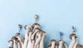 Closeup of a toy people hiking on top of the mushrooms on a blue background