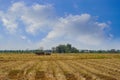 Closeup tractor hauls straw in the white clouds and blue sky background, nature, copy space