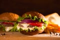 closeup of traditional cheeseburger or hamburger and french fries Royalty Free Stock Photo