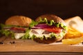 Closeup of traditional cheeseburger or hamburger and french fries Royalty Free Stock Photo