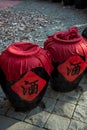 Closeup of traditional chinese rice wine jars