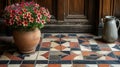 A closeup of a traditional geometric pattern made of marble and terracotta tiles adding oldworld charm to this entryway