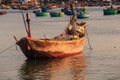 Closeup Traditional Long Wooden Fishing Boat in Bay at Sunset Royalty Free Stock Photo