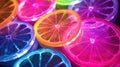 closeup transparent lemons citrus slice with glowing neon pink red green color