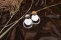 Closeup of trendy round earrings with mother of pearl and plastic elements on crumpled brown silk surface.