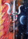 Closeup of Trishul or trident and Indian Hindu Goddess in the background Royalty Free Stock Photo