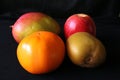 Closeup of Tropical fruits, Mango,Apple,Kiwi,Persimmon against black background