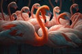 Closeup tropical pink flamingo in side view. Group of exotic flamingo birds. Generative AI
