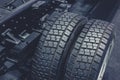 Closeup Truck Tire, black rubber pickup wheel clean new shiny car tyre for background Royalty Free Stock Photo